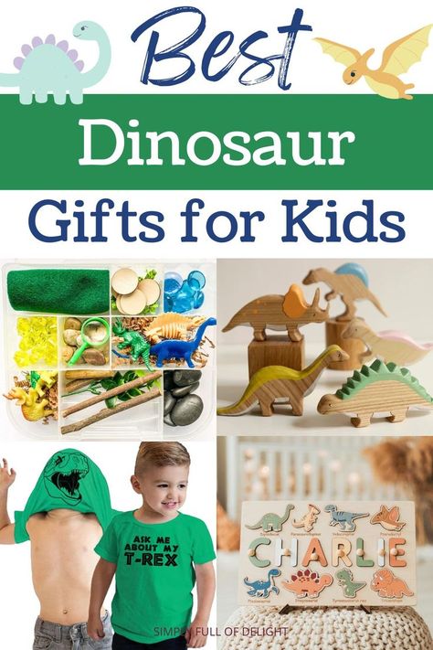 dinosaur gifts for kids - dinosaur sensory kit, wooden dinos, dino shirt, dinosaur puzzle Dinosaur Birthday Gifts Ideas, Dinosaur Gifts For Boys, The Good Dinosaur Toys, Toy Organization Ideas, Dinasour Birthday, Dinosaur Birthday Theme, Dinosaur Toys For Kids, Toddler Boy Gifts, Unique Gifts For Kids