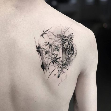 Tiger Tattoo On Shoulder, Arm Tattoos Tiger, Tattoo On Shoulder Blade, Geometric Tiger Tattoo, Tiger Tattoo Thigh, Edgy Tattoos, Mens Tiger Tattoo, Tiger Face Tattoo, Tiger Head Tattoo