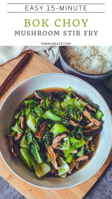 Bok choy mushroom with oyster sauce stir fry served in a white curved plate. The plate is served on a wooden board, with a wooden spoon. Next to the board is a bowl of white rice. Asian Recipes Easy, Rice Asian, Mushroom Dish, Plant Based Dinner, Easy Asian Recipes, Pescatarian Recipes, Stir Fry Recipes, Oyster Sauce, Asian Dishes