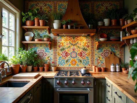 8+ Bohemian Kitchen with Colorful Tile Backsplash - Dear Adam Smith Multicolor Backsplash, Boho Kitchen Backsplash, Colorful Tile Backsplash, Indie Kitchen, Moroccan Style Kitchen, Color Tile Backsplash, Unique Tiles, Greige Kitchen, Boho Style Living