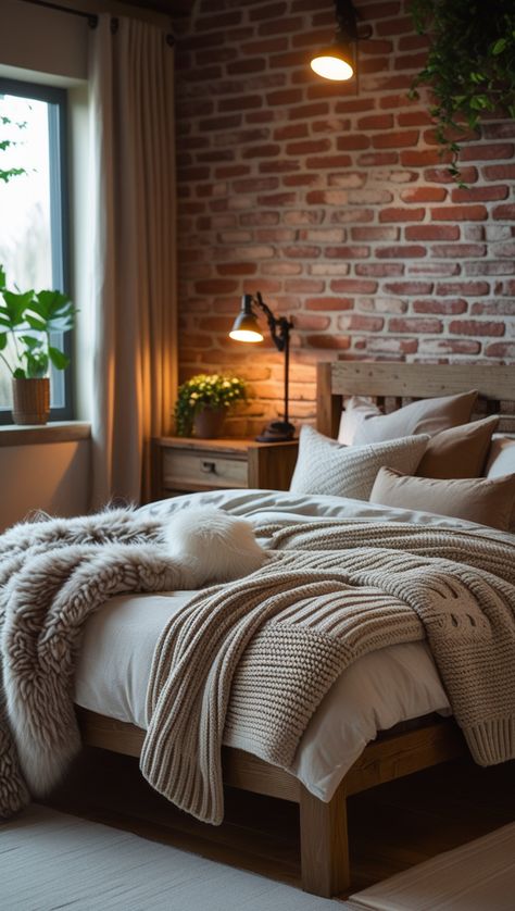 Get inspired by modern rustic bedroom decor with cozy wooden elements and soft, textured bedding. A brick accent wall, industrial lighting, and neutral-toned pillows bring warmth and character. Indoor plants and soft curtains add a touch of nature, creating the perfect blend of modern and rustic aesthetics. 🏡✨#RusticBedroom #CozyDecor #ModernFarmhouse #WarmInteriors #TexturedBedding #BedroomGoals #IndustrialStyle #SoftLighting #NatureInspired #RelaxingVibes Accent Wall Industrial, Rustic Cozy Bedroom, Modern Rustic Bedroom Decor, Soft Curtains, Modern Rustic Bedroom, Modern Rustic Bedrooms, Brick Accent Wall, Cozy Bedroom Decor, Textured Bedding