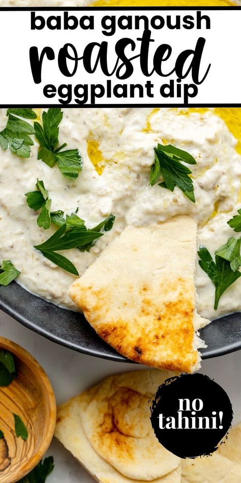 This baba ganoush dip made without tahini is a classic addition to any mezze platter. Smokey eggplant is blended with bright lemon, zesty garlic, and a creamy base for a silky roasted eggplant dip that is perfect with vegetables, pita bread, or just a spoon! All simple ingredients, and minimal effort with a few basic steps! Baba Ganoush Recipe Without Tahini, Eggplant Dip Recipes, Mezze Platter, Babaganoush Recipe, Roasted Eggplant Dip, Easy Dip, Eggplant Dip, Baba Ganoush, Roasted Eggplant