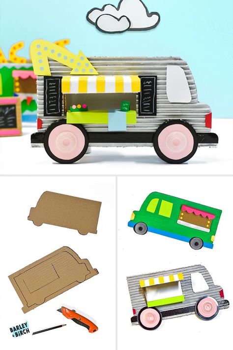 Process pictures showing how to make a mini cardboard food truck craft for kids Food Truck Project Ideas School, Cardboard Food Truck, Food Truck Diy, Food Truck Template, Diy Food Truck, Food Truck Vbs, Algebra Projects, Cardboard Kids, Food Truck Project