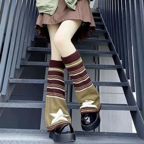 Star Pattern Leg Warmers Y2k Striped Knee High Socks Women's - Temu Striped Knee High Socks, Star Vintage, Thick Fabric, Grunge Style, Really Cute Outfits, Winter Knits, Star Print, Look Cool, Leg Warmers