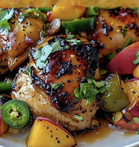 Peach jalapeno Glazed Chicken Glazed Chicken Thighs, Easy Cooking Ideas, Freezing Cooked Chicken, Peach Chicken, Jalapeno Chicken, Chicken With Olives, Glazed Chicken, Boneless Skinless Chicken Thighs, Bbq Pulled Pork