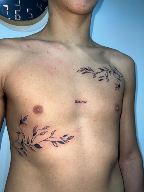 Vine Tattoos Chest, Chest Surgery Tattoo, Post Top Surgery Tattoos, Ftm Top Surgery Scar Tattoo, Tummy Tattoo Men, Male Shoulder Tattoo Ideas For Men, Vines Chest Tattoo, Ftm Chest Tattoo, Top Surgery Tattoo Cover Up Ftm Chest