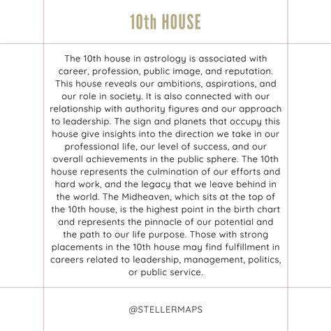 House 10 (Midheaven): This house is associated with career, reputation, public image, authority figures, and aspirations.

House 11: Rules friendships, groups, social networks, goals, aspirations, humanitarian pursuits, and innovation.

House 12: Governs the unconscious mind, dreams, karma, solitude, hidden enemies, self-undoing, and spiritual growth. 10 House Astrology, Houses Astrology, House Astrology, Unconscious Mind, Authority Figures, Natal Charts, Spiritual Growth, Social Networks, Work Hard