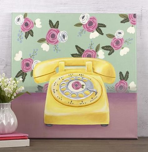 Retro Phone Painting, Telephone Painting, Phone Painting, Vintage Acrylic Painting, Vintage Canvas Painting, Anniversaire Diy, Retro Painting, Painting Skills, Vintage Phone