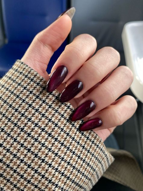 Cat Eye Burgundy Nails, Burgundy Nails Cat Eye, Green And Burgundy Nails, Fig Nails, Dark Red Cat Eye Nails, Burgundy Cat Eye Nails, Nail Burgundy, Burgundy Aesthetic, Berry Nails