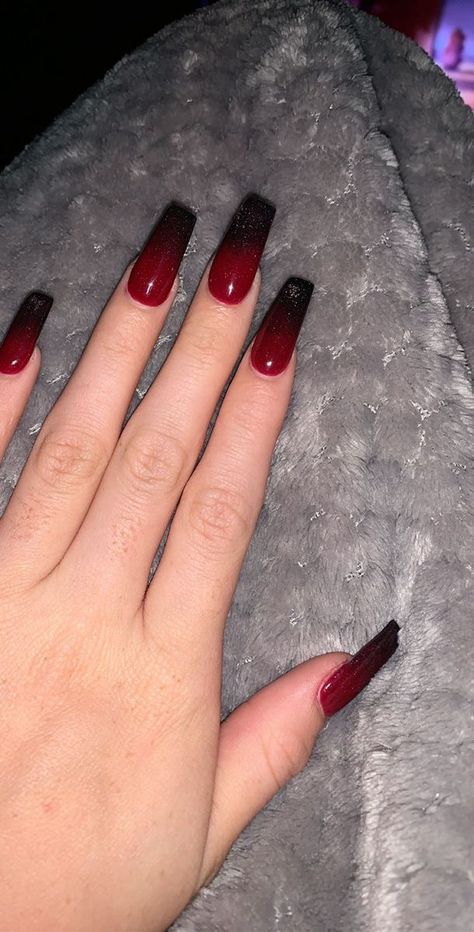 Red Ombre Coffin Acrylic Nails, Red Nails And Black Design, Red Black Ombre Nails Coffin, Red And Black Aesthetic Nails Acrylic, Black And Red Nails Ideas Coffin, Red A D Black Nails, Red And Black Nails For Hoco, Red And Black Nails Design Coffin Simple, Dark Red And Black Nails Acrylic