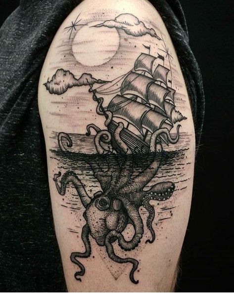 Nautical Tattoo Sleeve, Octopus Tattoo Sleeve, Kraken Tattoo, Squid Tattoo, Woodcut Tattoo, Sailor Tattoos, Tattoo Line, Pirate Tattoo, Ocean Tattoos