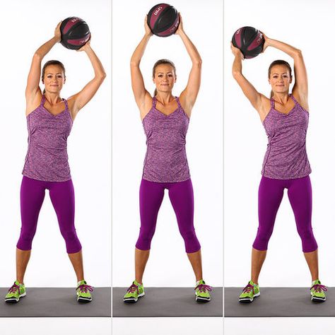 Stand with your feet hip-width distance apart with a slight bend in your knees. Keeping your spine in neutral, lift a five- to eight-pound medicine ball overhead. Begin to circle the ball to the right, in the largest circles you can make, while maintaining a still and stable torso. Circle eight times to the right; then repeat, circling eight times to the left. This completes one set.  Source: POPSUGAR Studios Hummus Wrap, Workout Man, Standing Ab Exercises, Standing Abs, Boho Mode, Best Abs, Popsugar Fitness, Medicine Ball, Lower Abs