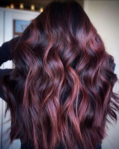 Striking Cherry Chocolate Balayage Hair Chocolate Balayage Hair, Blonde Balayage On Black Hair, Balayage On Black Hair, Chocolate Balayage, Burgundy Balayage, Black Hair Ideas, Red Balayage Hair, Rambut Brunette, Cherry Red Hair