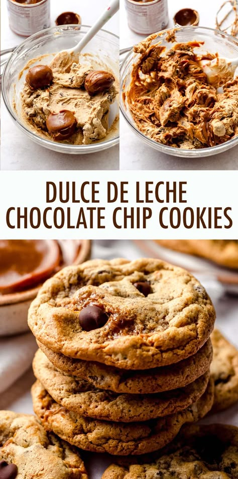 Turn traditional chocolate chip cookies into something with a little extra pizzaz by swirling them with dulce de leche! This is a no chill cookie recipe that yields gooey and chewy cookies every time. via @frshaprilflours Chilled Cookies, Tres Leches Cookies, Latin American Cookies, Cocholate Chip Cookie Recipe, Argentina Cookies, Mexican Chocolate Chip Cookies, Chocolate Chip Cookie Recipie, Crumbl Cookie Copycat Dulce De Leche, Levain Bakery Chocolate Chip Cookies Recipe