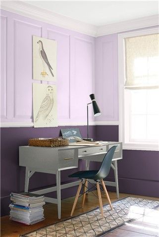 Look at the paint color combination I created with Benjamin Moore. Via @benjamin_moore. Upper Wall: Spring Lilac 1388; Lower Wall: Grappa 1393; Trim: Rock Harbor Violet 1387; Ceiling: White OC-151. Lilac Wall Paint, Lilac Room, Pink Bedroom Walls, Lilac Wall, Office Paint, Color Combinations Paint, Purple Trim, Room Wall Painting, Purple Rooms