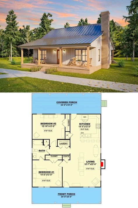 Modern Townhouse, Small Cottage Homes, Rustic Home Design, Cottage Home, House Blueprints, Country House Plans, Farmhouse Cottage, Cottage House Plans, Bedroom House Plans