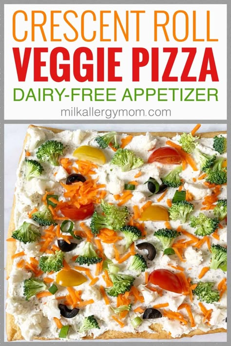 Alpha Gal Appetizers, Dairy Free Side Dishes Christmas, Dairy Free Picnic Food, Dairy Free Party Food, Lactose Free Appetizers, Gluten Free Veggie Pizza, Vegetable Pizza Appetizer, Milk Allergy Recipes, Cold Vegetable Pizza