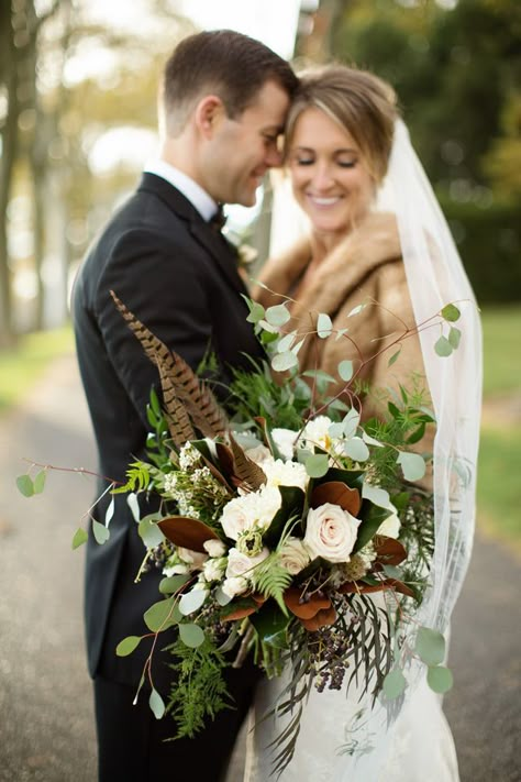 DRUMORE ESTATE WEDDING, LANCASTER PA // LAUREN + JOEL | Janae Rose Photography Blog Wedding With Pheasant Feathers, Fern Wedding Arrangement, Wedding Bouquet With Pheasant Feathers, Pheasant Wedding Bouquet, Pheasant Feather Floral Arrangements, Wedding Pheasant Feathers, Bridal Bouquet With Pheasant Feathers, Duck Feathers Wedding, Duck Feather Bouquet