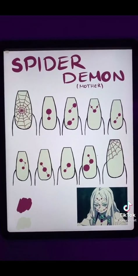 Anime Nails Art, Anime Nail Ideas, Spider Demon, Anime Nail, Fake Nails Designs, Art Guide, Punk Nails, Nail Drawing, Cute Simple Nails