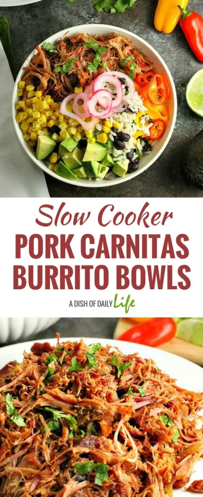 Carnitas Crockpot, Slow Cooker Pork Carnitas, Carnitas Burrito, Pork Carnitas Slow Cooker, Healthy Pork, Pork Carnitas, Burrito Bowls, Lime Rice, Cilantro Lime Rice