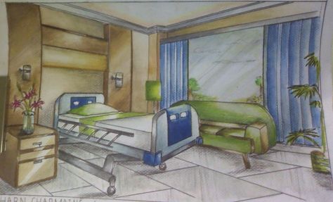 Practice rendering - Hospital room Hospital Room Drawing Reference, Hospital Room Drawing, Room Reference Drawing, One Perspective Drawing, Dark Aesthic, Hospital Clothes, Room Reference, Hospital Art, Clothes Drawing Reference