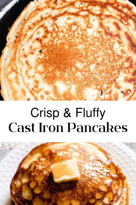 fluffy, golden crisp on edges pancakes in cast iron skillet served on white plate with warm drizzle of maple syrup and melting butter Skillet Pancake Recipe, Skillet Pancake Cast Iron, Pancakes In Cast Iron Skillet, Cast Iron Waffle Recipe, Cast Iron Skillet Pancakes, Cast Iron Griddle Recipes, Cast Iron Skillet Recipes Breakfast, Cast Iron Pancake Recipe, Healthy Cast Iron Skillet Recipes