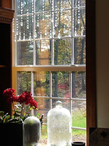 Crystals Hanging In Window, Crystal Curtains Window, Hanging Crystals Window, Crystal Window Hanging, Window Crystals, Geranium Plant, Crystal Curtains, Bathroom Window, Light Work