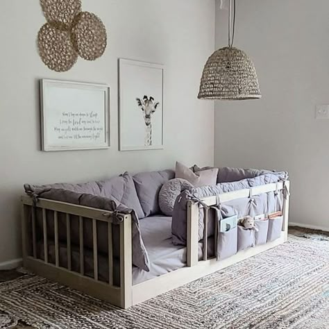 Queen Floor Bed, Floor Bed With Rails, Montessori Floor Bed, Toddler Floor Bed, Montessori Bed, Baby Room Inspiration, Toddler Rooms, Baby Room Design, Floor Bed