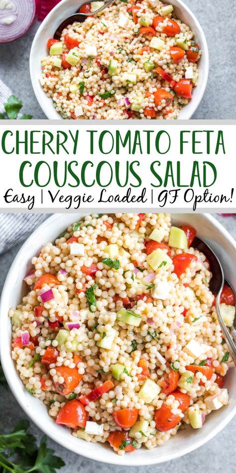 This cherry tomato and feta couscous salad doesn't stop there. It's loaded with vegetables like cucumber, diced red pepper, red onion and parsley. This couscous salad has a gluten-free and dairy-free option, is quick to prep, great as leftovers or for feeding the family a healthy side dish! The zesty red wine vinegar dressing is a perfect compliment to the crunchy summer vegetables. #couscous #saladrecipes #summerrecipes #sidedish Couscous Salad Dressing, Cherry Tomato Feta, Feta Couscous, Red Wine Vinegar Dressing, Gluten Free Couscous, Pearl Couscous Recipes, Greek Couscous Salad, Tomato And Onion Salad, Tomato And Feta