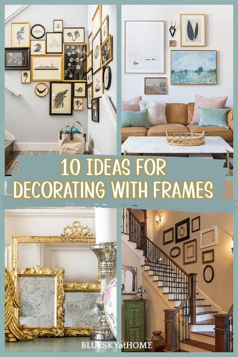 10 Ideas for Decorating with Picture Frames in Your Home. Old and new frames can be customized to add style and interest to any room. Old Picture Frame Ideas Home Decor, Wall Hanging Frames Ideas, Wall Of Frames Vintage, Decorating With Frames Wall, Different Picture Frames On The Wall, Pictures Above Windows, Window Picture Frame Ideas, Picture Frames On The Wall Ideas, Picture Frame Ideas For Wall