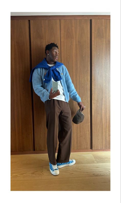 fashion inspo outfits, fashion killa, fashion illustation, fashion trends 2023, fashion styles, fashion aesthetic, fashion aaccessories, fashion rings, fashion looks, lifestyle, lifestyle photography, lifestyle aesthetic, lifestyle photoshoot, street fashion, streetwear Blue Converse Outfit, Tyler The Creator Fashion, Brown Cardigan Outfit, Blue Cardigan Outfit, Tyler The Creator Outfits, Chinos Men Outfit, Brown Pants Men, Slacks Outfit, Brown Pants Outfit