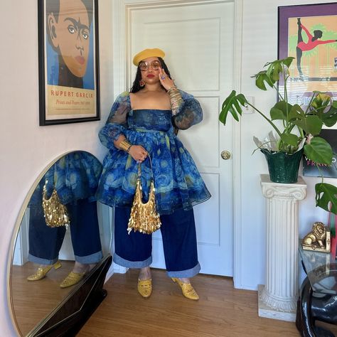 ✨check the specs: @selkie Starry Night Silk Puff Dress (got me lookin’ like fine art), paired with my @cookman.usa wide leg denim, vintage shades & mules, Great Grandma’s purse, a bunch of fashion jewelry for the maximalist girlies, and the return of Jarae’s Berets iykyk✨ #selkiepartner use “JARAE” at checkout for a discount, who doesn’t love a discount! Maximalist Dress, Maximalist Fashion Style, Maximalist Outfit, Maximalist Outfits, New Orleans Fashion, Maximalist Fashion, Great Grandma, Puff Dress, Fashion Forever