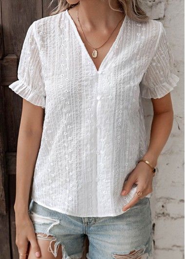 Color:White;Size:S;Package Contents:1 X Blouse;Occasion:Other;Style:Casual; Short Top Patterns For Women, Stylish White Shirts For Women, Cotton Shirt For Women, V Neck Cotton Top, Cotton Tops Designs Casual, White Tops For Women Classy, Fancy Shirts For Women, Short Top Designs, White Tops For Women