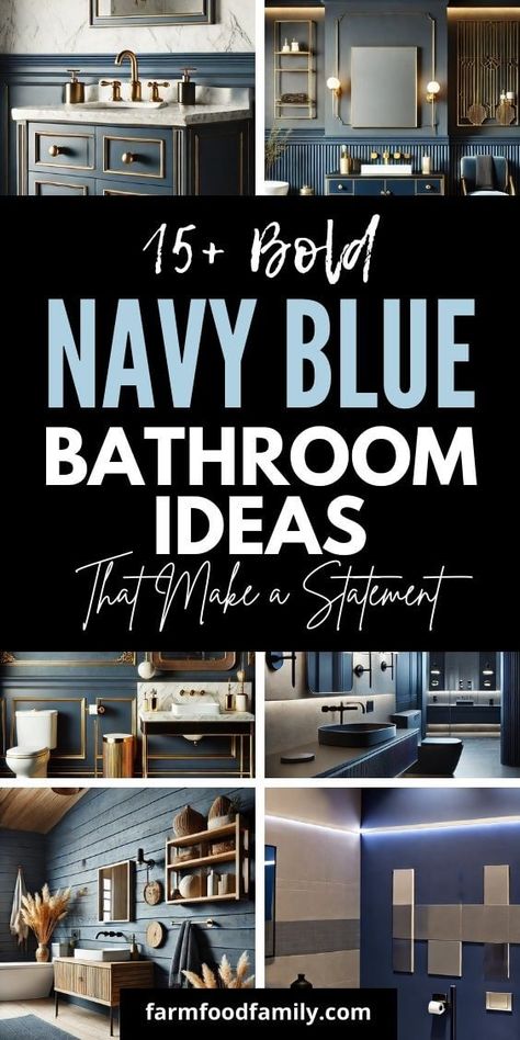 15+ Bold Navy Blue Bathroom Ideas That Make a Statement 66 Blue Bathroom Scheme, Navy Blue Bathroom Ideas Decor, Elegant Blue Bathroom, Blue Restroom Ideas, Navy And Grey Bathroom, Blue Half Bath, Navy Blue Shower Tile, Navy Bathroom Walls, Navy Walls Bathroom