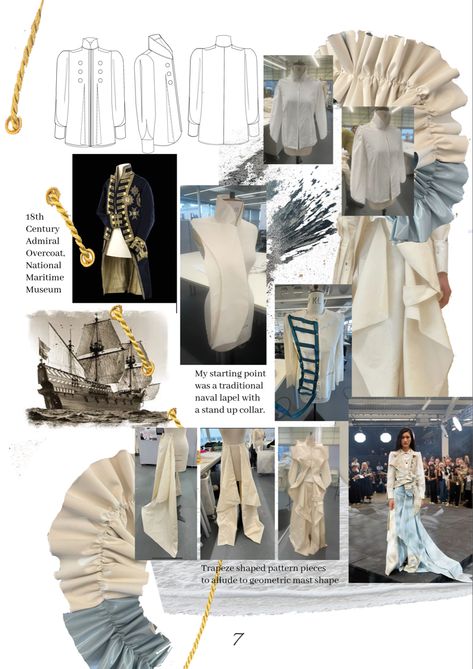 The development process for look 1 of my collection “The Revenge of Desire” consisting of a draped PU maxi skirt with two tone ruffle detailing, paired with a double layered white habotai and cotton gauze stand up collar shirt, finished with an extended lapel scarf button on detail. This design is intended to juxtapose the uniform of the admiral with the femininity of what would have been traditional house maid tailoring on the 18th century. 

#conceptboard #fashionportfolio #graduatecollection #fashiongraduate #fashionillustration #fashionillustrationoftheday #fashionsketch #fashiondesigner #graduatefashionweek #GFW #art_spotlight #illustrationartists #illustrationgram #fashionstudent #fashiondesignstudent #fashiondesigner #highfashionillustration #fashioncollection #tagyourtalent Party Tiered Draped Skirt With Gathered Details, Draped Skirt Illustration, Draping Portfolio, Luxury Voluminous Draped Skirt With Pleats, Luxury White Lined Draped Skirt, Luxury White Draped Lined Skirt, House Maid, Fashion Process, Graduation Style