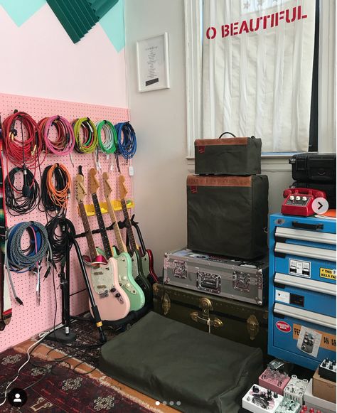 Mus Room, Bedroom Music Studio Aesthetic, Guitar Collection Room, Guitar In Room Aesthetic, Guitar Studio Aesthetic, Guitar Practice Space, Music Garage, Music Producing Room Aesthetic, Small Music Room