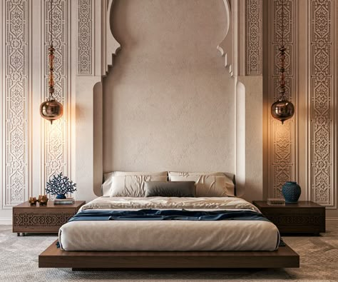 ISLAMIC HOTEL SUITE :: Behance Islamic Interior Design Bedroom, Arabic Bedroom Design, Moroccan Interiors Bedroom, Mughal Interior, Architects Dairy, Modern Islamic Interior, Modern Arabic Interior, Arabic Interior, Moroccan Bed