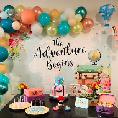 The Adventure Begins Baby Shower Theme, Up Movie Decorations, Up Themed Birthday Party Pixar, Up Baby Shower Theme, Up Baby Shower Theme Disney, Travel Party Decorations, Up Baby Shower, Adventure Baby Shower, Baby Shower Theme Decorations