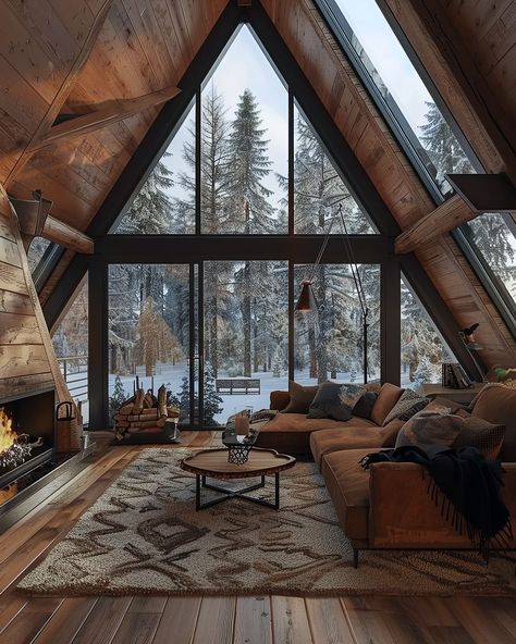 Cabin With Fireplace, A-frame Interior, Large Fireplace, Modern Mountain House, Cabin Living Room, Inviting Living Room, A Frame Cabins, Cabin Aesthetic, A Frame House Plans