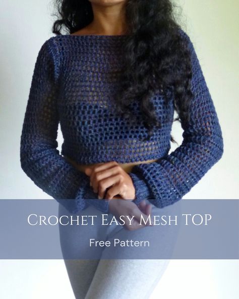 Sweater Crochet Top in Blue Crochet Wearable Patterns, Crochet Mesh Shirt Free Pattern, Crochet Mesh Jumper Free Pattern, Crochet Mesh Shirt Pattern, Crochet Mesh Tops Free Patterns, Crochet Mesh Sweater Pattern Free, Quick Crochet Top Pattern Free, Mesh Crochet Sweater Pattern, Crochet Mesh Sleeves Pattern Free