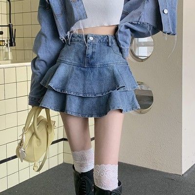 Ruffle Skirt Outfit, Jean Skirt Outfits, Denim Skirt Outfits, Short Denim Skirt, Jeans Skirt, Clothes Diy, Jeans Rock, Cute Skirts, Skirt Design