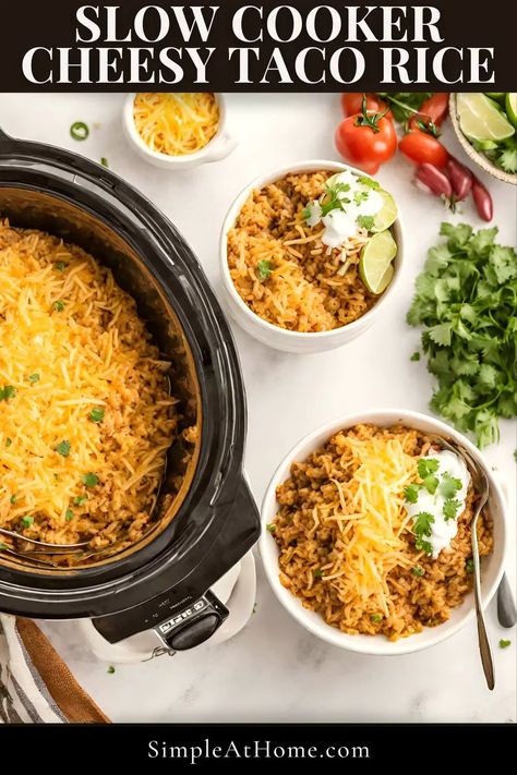 Crock Pot Cheesy Taco Rice — Simple At Home Taco Casserole With Rice, Cheesy Taco Rice, Rice Picture, Crockpot Rice Recipes, Rice In Crockpot, Ground Beef Crockpot Recipes, Ground Beef Seasoning, Taco Rice, Cheesy Rice