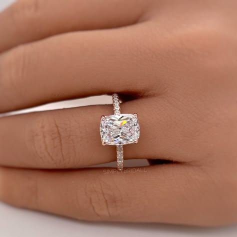 M A T E R I A L S ~ Solid Sterling Silver 925 ~ Rhodium plated to protect from natural silver oxidation ~ Yellow / Rose Gold Vermeil S T O N E S ~ Cruelty Free  ~ Elongated Cushion Simulate Diamond  Moissanite ~ Center Stone : 2.50ct (9mmx7mm) D I M E N S I O N S ~ Band: 1.5mm ~ Setting: 11.5mm Length 5.5mm Height This specific moissanite will not pass a quality diamond tester, for a diamond equivalent moissanite  - testing pass - please see listing below ↓ * Please note that when purchasing the vermeil options, it will eventually fade with wear exposing the solid sterling silver underneath.  We have the 14k Solid Gold options available to purchase, these are heirloom quality, they will never fade or tarnish.  LINK : https://www.etsy.com/listing/1474839763/ R I N G C A R E ~ Simple instruc Square Shaped Diamond Rings, Square Wedding Band, 2 Carat Engagement Rings Cushion, Enlogated Cushion Ring, Rectangle Cushion Engagement Ring, Elongated Cushion Engagement Ring Silver, Elongated Cushion Vs Radiant, Engagement Rings Elongated Cushion, Elongated Cushion Engagement Ring