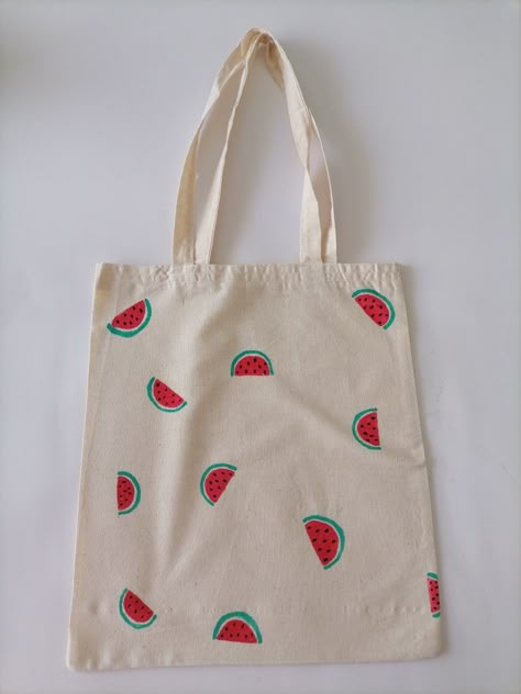 Easy Tote Bag Painting Ideas, Tote Bag Painting Ideas Easy, Easy Tote Bag Painting, Tote Bag Drawing, Tote Bag Painting, Handpainted Tote, Watermelon Painting, Tote Bag Business, Handpainted Tote Bags