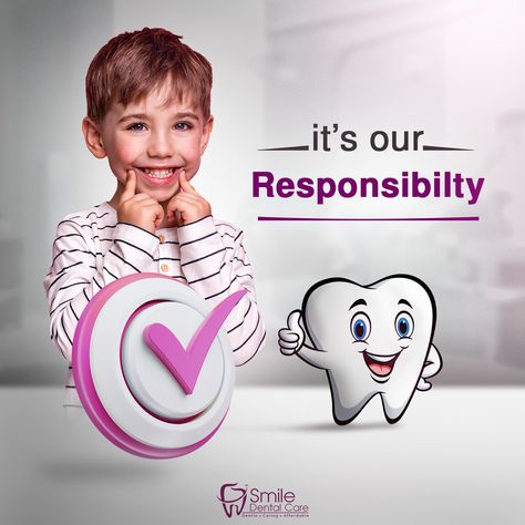 This is a social media post designed for a dental clinic titled "It's Our Responsibility." It features a cheerful child with a beautiful smile showcasing clean, white teeth. See the rest of the campaign on my Behance portfolio. Dental Clinic Creative Ads, Teeth Social Media Design, Dental Clinic Ads, Dental Social Media Design, Dental Post, Dental Campaign, Dentist Social Media, Children Hospital Design, Childrens Dental Health