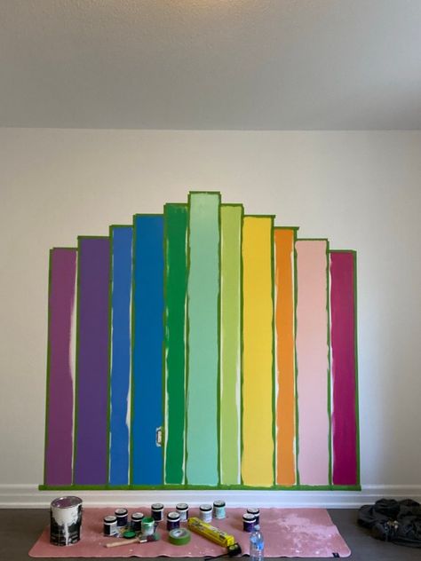 Rainbow Sponge Painting Walls, Painting Rainbows On Walls, Rainbow Paint Wall, Rainbow Wall Mural Diy, Rainbow Wall Mural Diy Paint, Rainbow Dresser Diy, Painting A Rainbow On A Wall, Boy Rainbow Room, Jewel Tone Mural