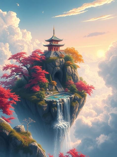 The sky temple – Xandr Focart Water Temple Concept Art, Anime Nature Wallpaper, Northern Air Temple, Floating Temple, Floating Temple Concept Art, Southern Air Temple, Dnd Landscape, Sky Temple, Air Temple