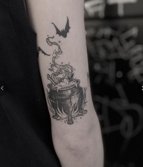 Cauldron witchy tattoo Halloween Aesthetic Tattoo, Cailleach Tattoo, Samhain Tattoo, Witches Cauldron Tattoo, Acotar Cauldron Tattoo, Small Cauldron Tattoo, Caldron Tattoos, Witch Cauldron Tattoo, Coven Tattoos