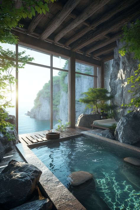 Serenity on the Edge: Ryokan with Private Onsen and Cliff Views Private Onsen Japan, Home Onsen, Japan Spa, Japan Hot Springs, Japan Onsen, Ryokan Japan, Hot Spring, Onsen Ryokan, Onsen Japan