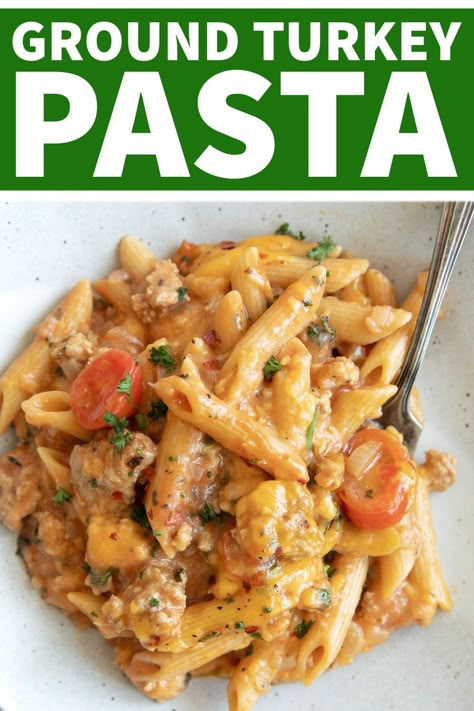 This Ground Turkey Pasta Skillet is a super easy, cheesy, and flavorful weeknight dinner made with lean ground turkey and pasta smothered in a creamy tomato sauce. Guaranteed to have the whole family begging for seconds! Ground Turkey And Pasta, Ground Turkey Pasta Recipes, Ground Turkey Pasta, Healthy Turkey Recipes, Pasta Skillet, Turkey Pasta, Creamy Tomato Sauce, Pasta Dinner Recipes, Yummy Pasta Recipes